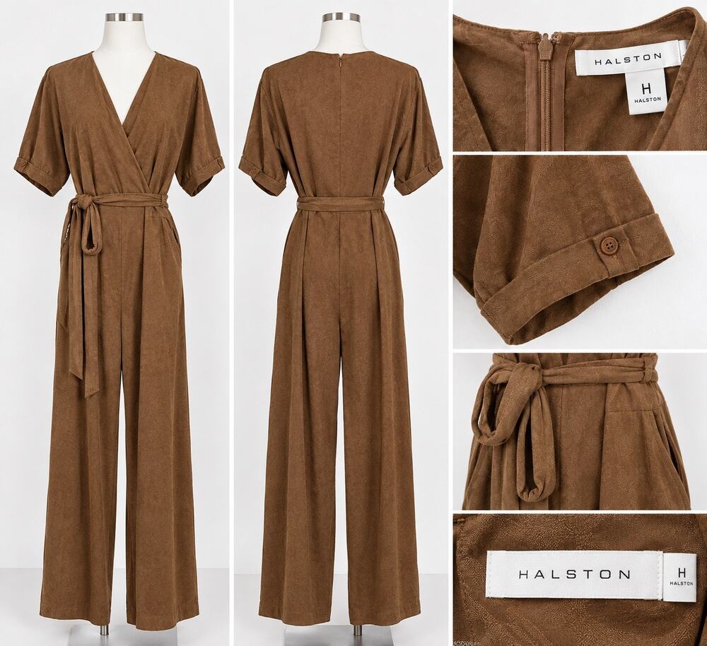 NWT Halston Women's "Sepia" Faux Suede Jumpsuit Sz M